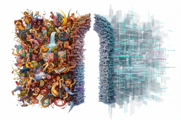 Ein Tor bestehend aus Wörtern, links davon Menschen und Gegenstände, rechts davon Zahlen und Vektoren