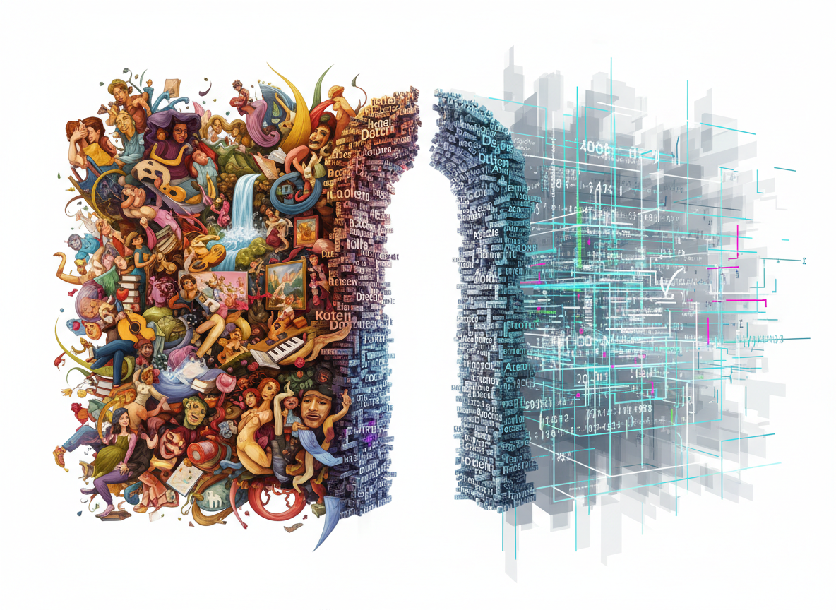 Ein Tor bestehend aus Wörtern, links davon Menschen und Gegenstände, rechts davon Zahlen und Vektoren